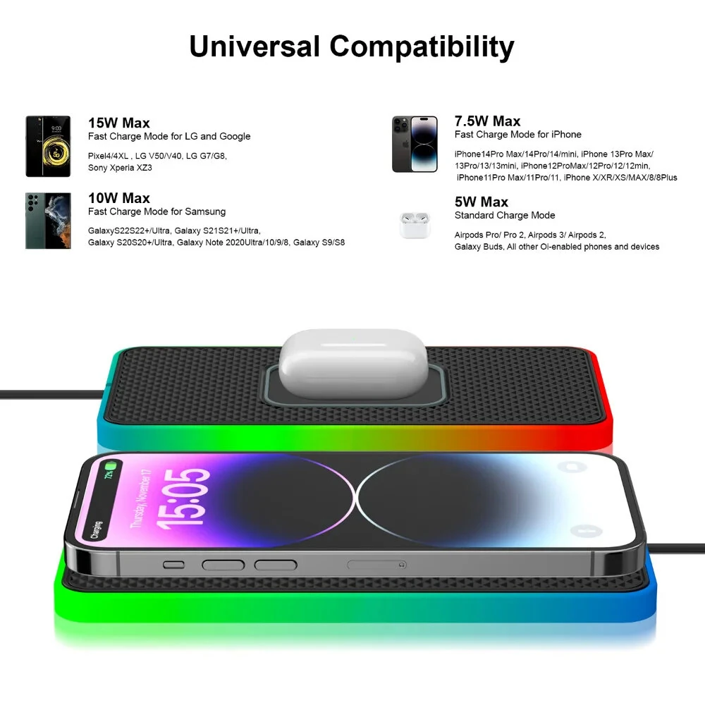Car Wireless Charger with Atmosphere Lighting Wireless Phone Charger Fast Charging Station for 15 14 13 Pro Max — view 4