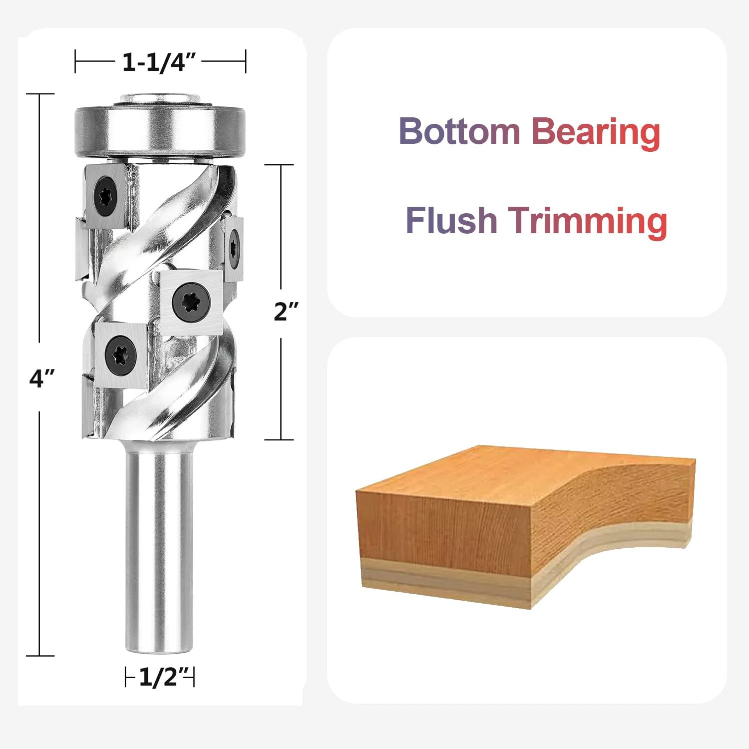 Carbide Insert Flush Trim Router Bit 32mm Dia 1/2" Shank 50mm Cutting Length Top/Bottom Bearing for Woodworking and CNC Engraving — view 5