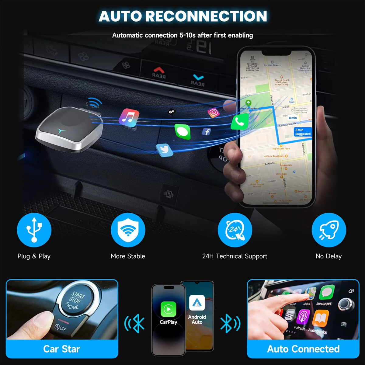 Carplay 2-in-1 Wired to Wireless Adapter & Android Auto Wireless Adapter Plug & Play — view 6