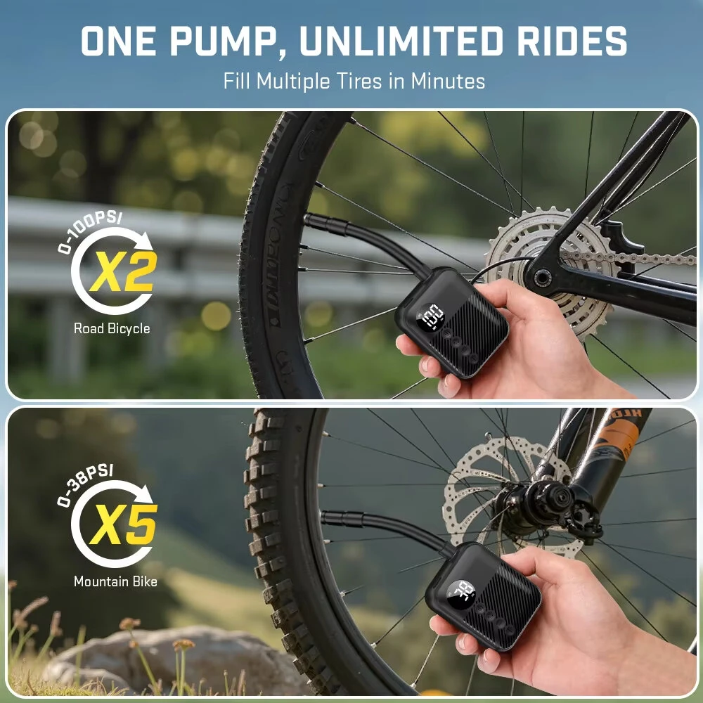 CARSUN T2161 Portable Electric Bicycle Pump 150PSI Digital Tire Inflator Type-C Rechargeable Air Compressor Wireless Mini Design Motorcycle Ball Accessories — view 5