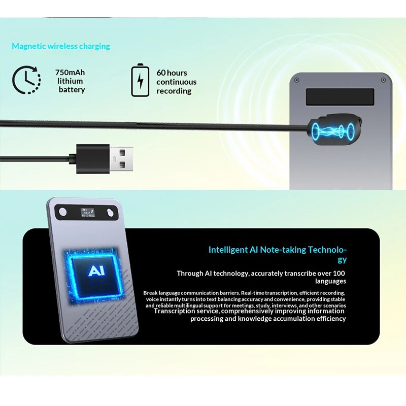 CB08 AI Voice Recorder bluetooth Magnetic Card-Style 60H Recording 100+ Languages Supported Smart Noise Reduction Transcription Translation Device — view 2