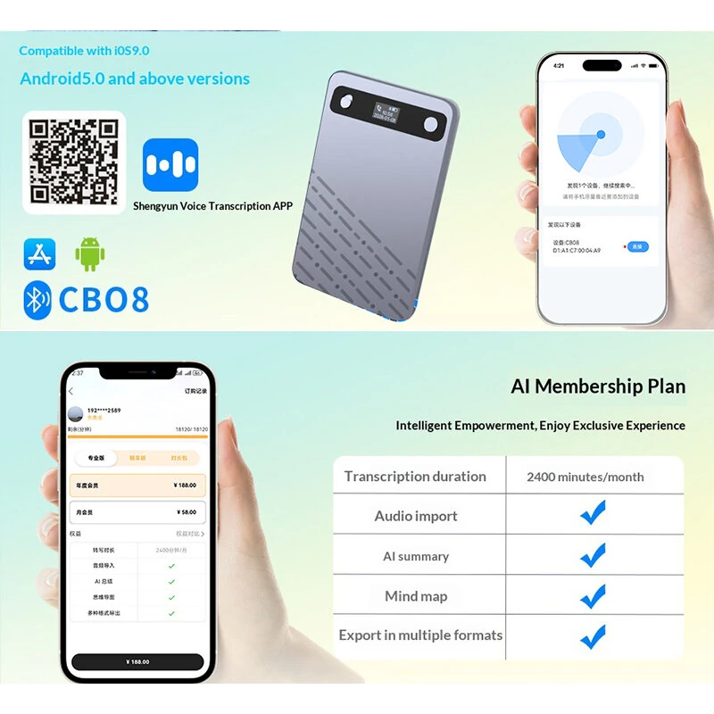 CB08 AI Voice Recorder bluetooth Magnetic Card-Style 60H Recording 100+ Languages Supported Smart Noise Reduction Transcription Translation Device — view 5
