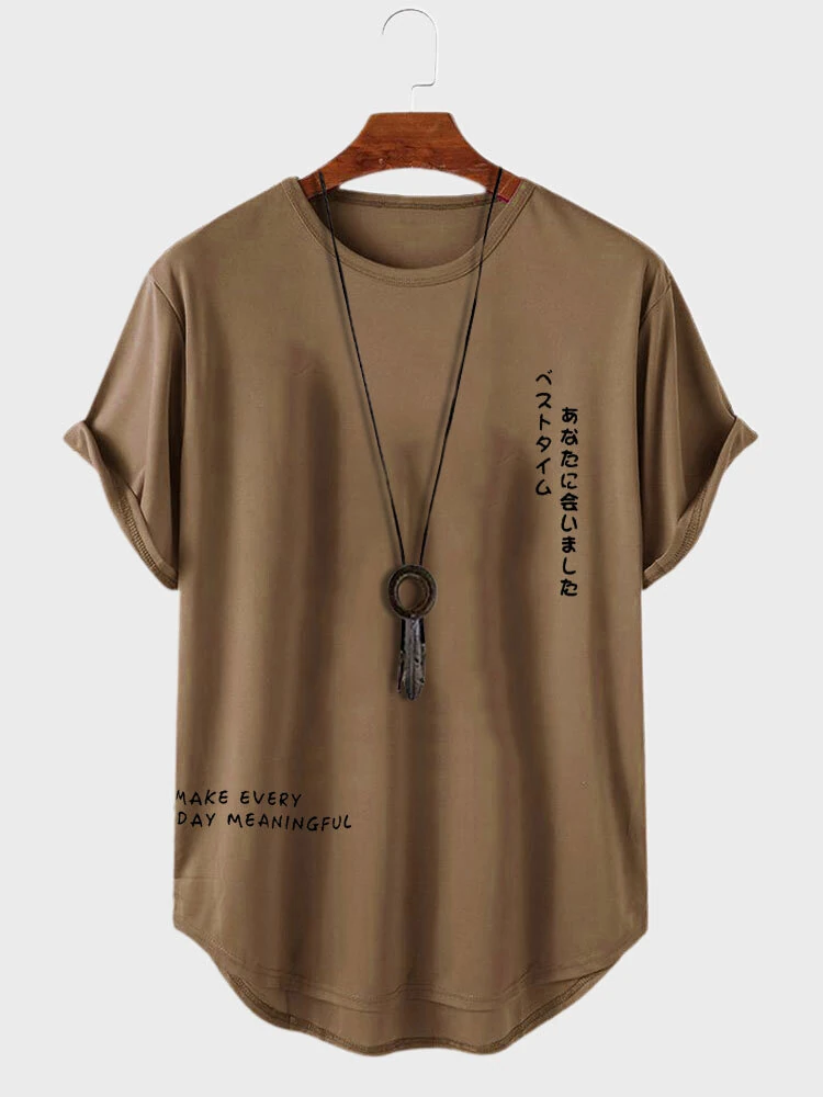 ChArmkpR Mens Japanese Letter Print Curved Hem Casual Short Sleeve T-Shirts — ChArmkpR