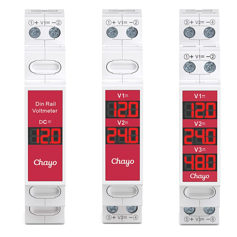 Chayo TOVME Digital DC Voltmeter 11-310V 1/2/3-Channel DIN Rail Mount Red LED Display Voltage Monitor for Solar System Battery Industrial Electrical Panel — image 1