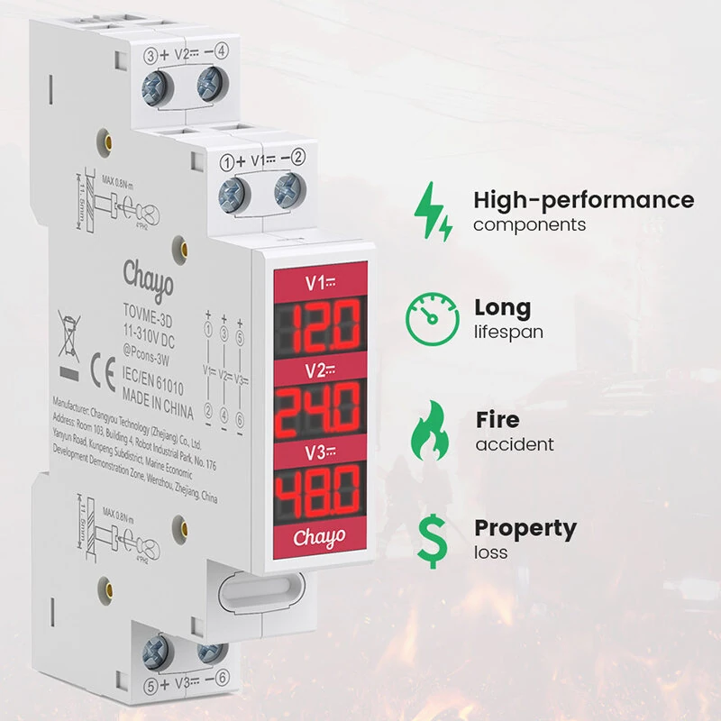 Chayo TOVME Digital DC Voltmeter 11-310V 1/2/3-Channel DIN Rail Mount Red LED Display Voltage Monitor for Solar System Battery Industrial Electrical Panel — view 4