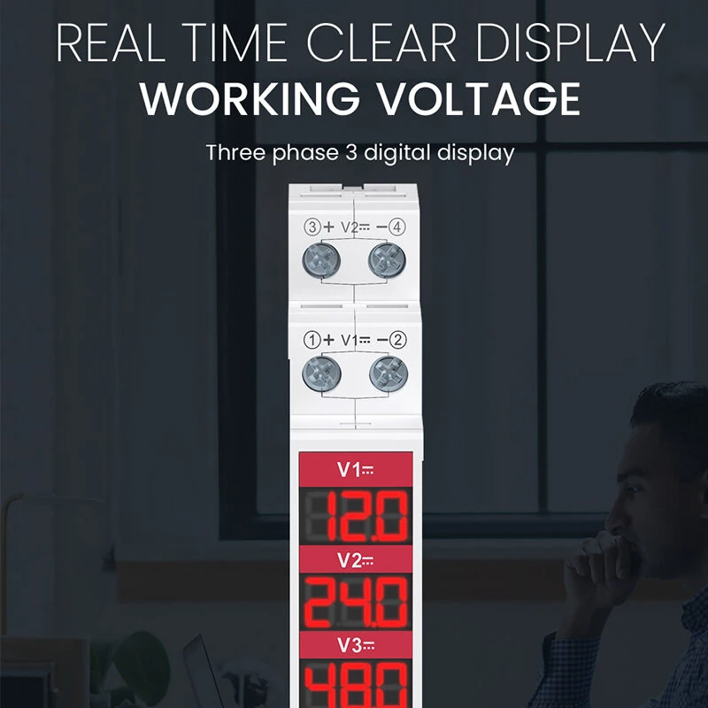 Chayo TOVME Digital DC Voltmeter 11-310V 1/2/3-Channel DIN Rail Mount Red LED Display Voltage Monitor for Solar System Battery Industrial Electrical Panel — view 6