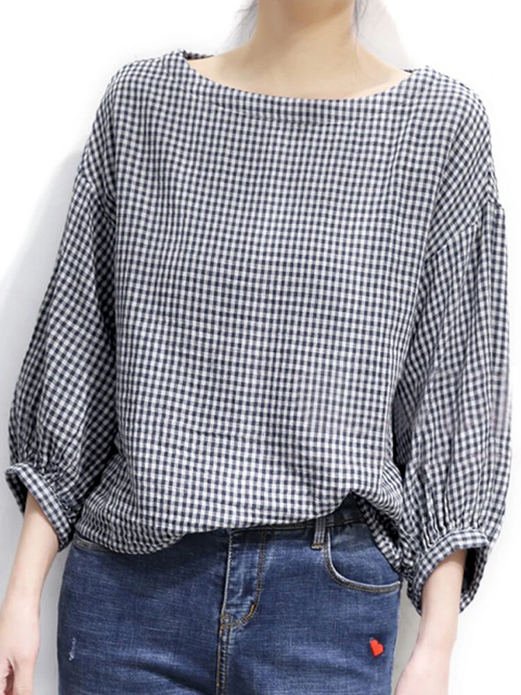 Check Pattern Puff Sleeve Crew Neck Casual Blouse — ZANZEA