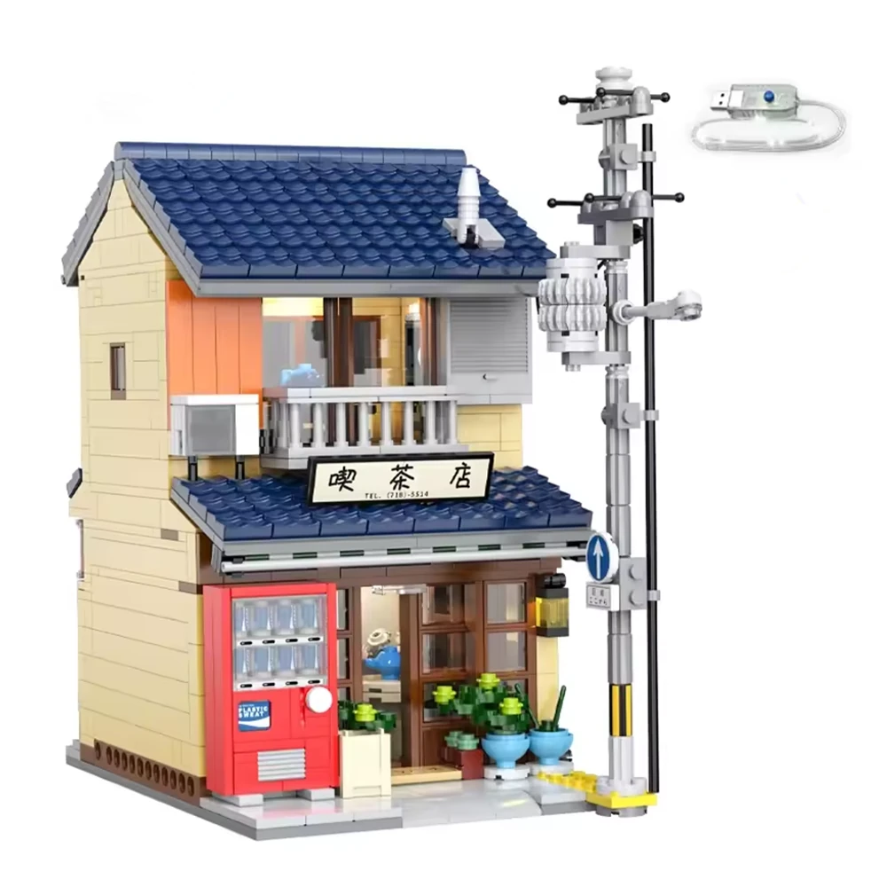 City Street View Japanese Tea Shop House Architecture MOC Building Blocks 1200PCS Bricks with LED Lights for Adults Children Birthday Gift