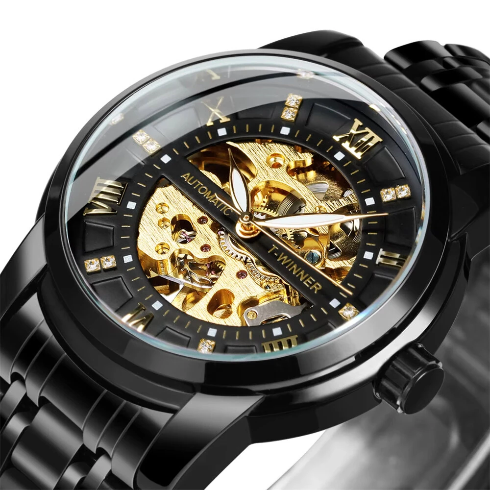 Classic Mechanical Watches Luxury Diamond Dial Black Gold Skeleton Automatic Mens Watch Stainless Steel Strap Wristwatch — image 1