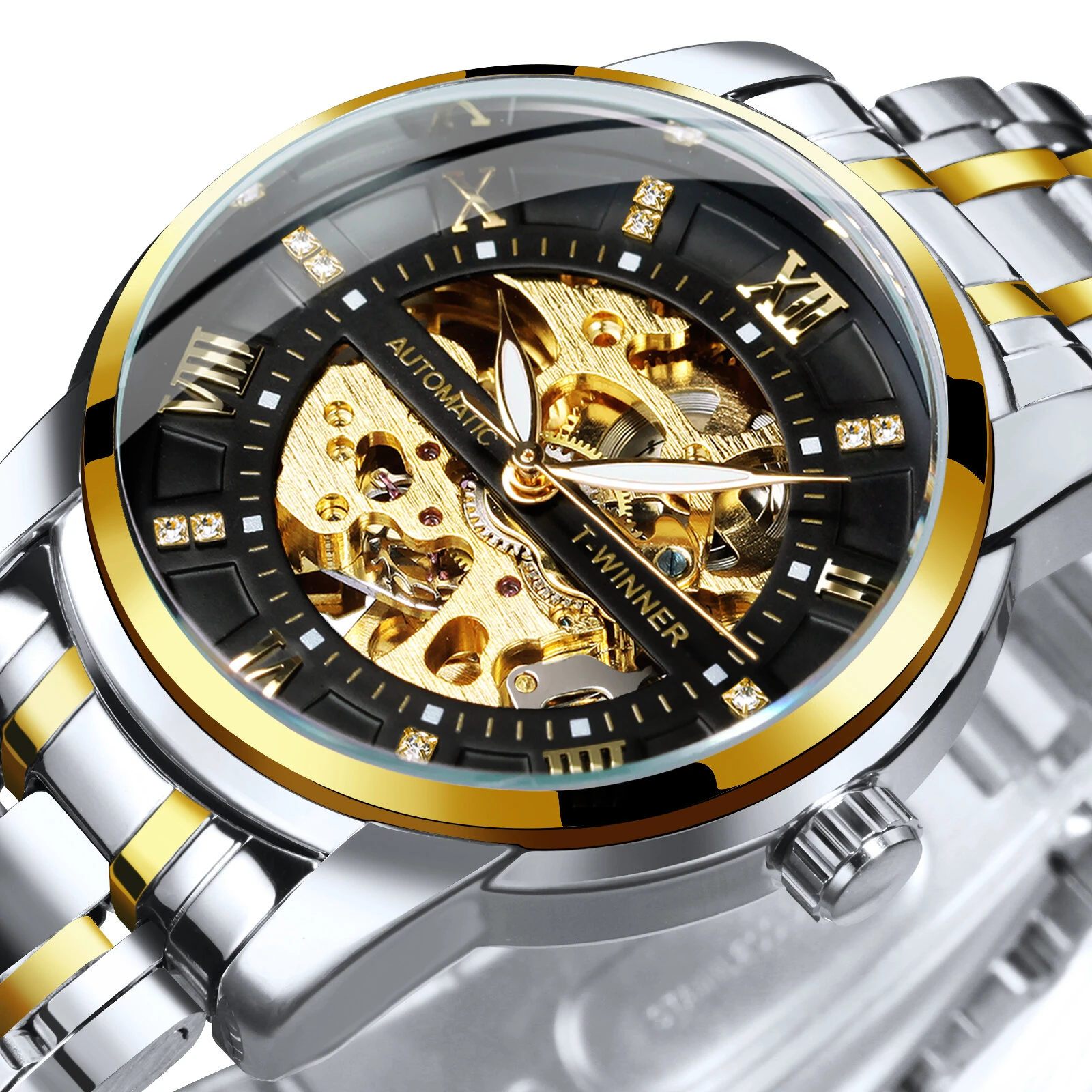 Classic Mechanical Watches Luxury Diamond Dial Black Gold Skeleton Automatic Mens Watch Stainless Steel Strap Wristwatch — view 2