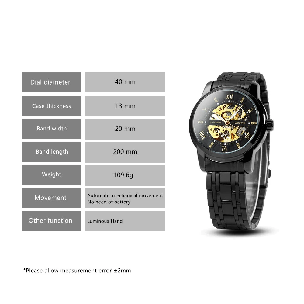 Classic Mechanical Watches Luxury Diamond Dial Black Gold Skeleton Automatic Mens Watch Stainless Steel Strap Wristwatch — view 3