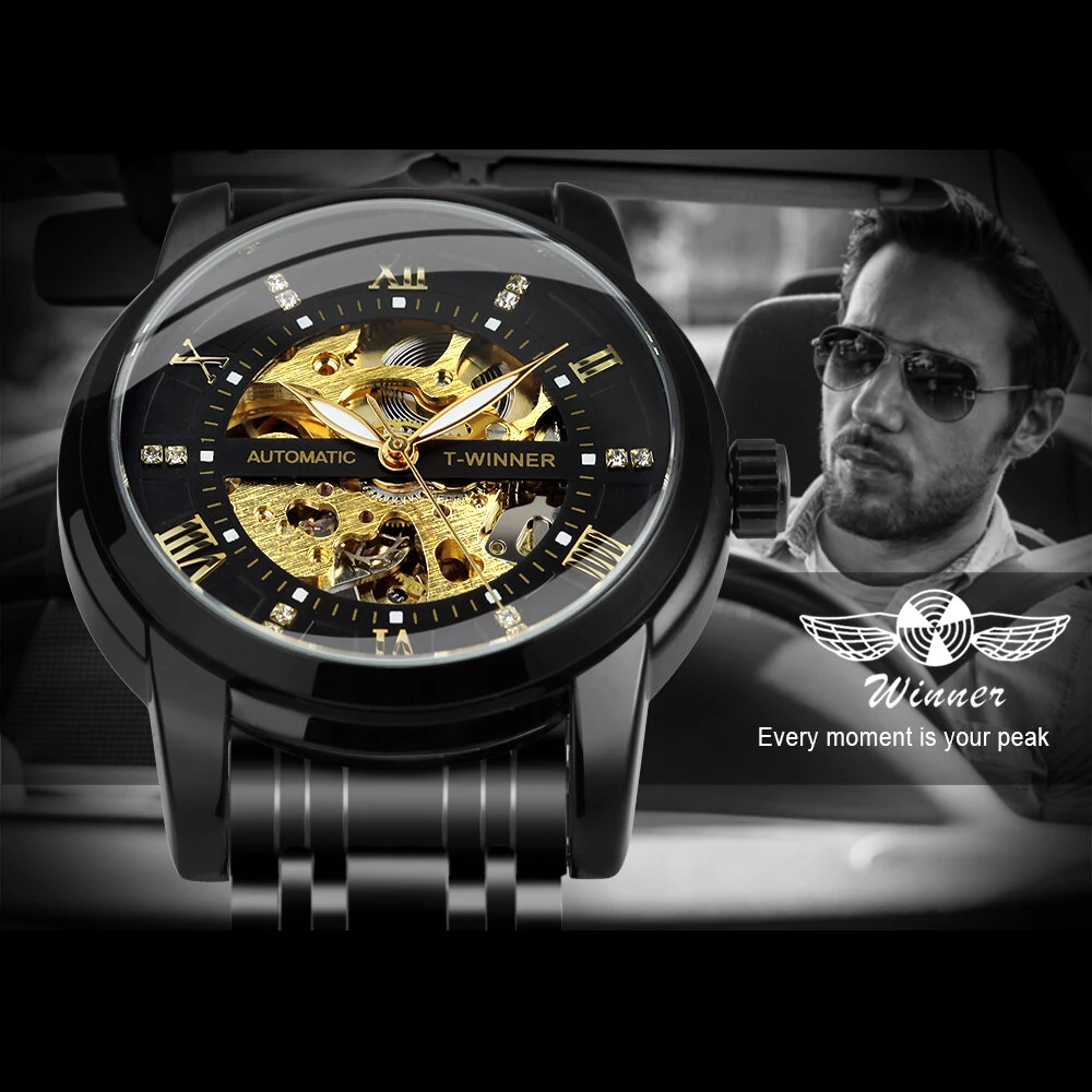 Classic Mechanical Watches Luxury Diamond Dial Black Gold Skeleton Automatic Mens Watch Stainless Steel Strap Wristwatch — view 4