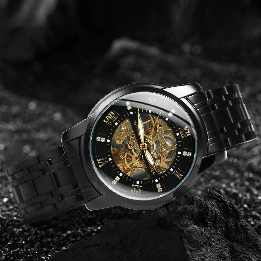 Classic Mechanical Watches Luxury Diamond Dial Black Gold Skeleton Automatic Mens Watch Stainless Steel Strap Wristwatch — view 5