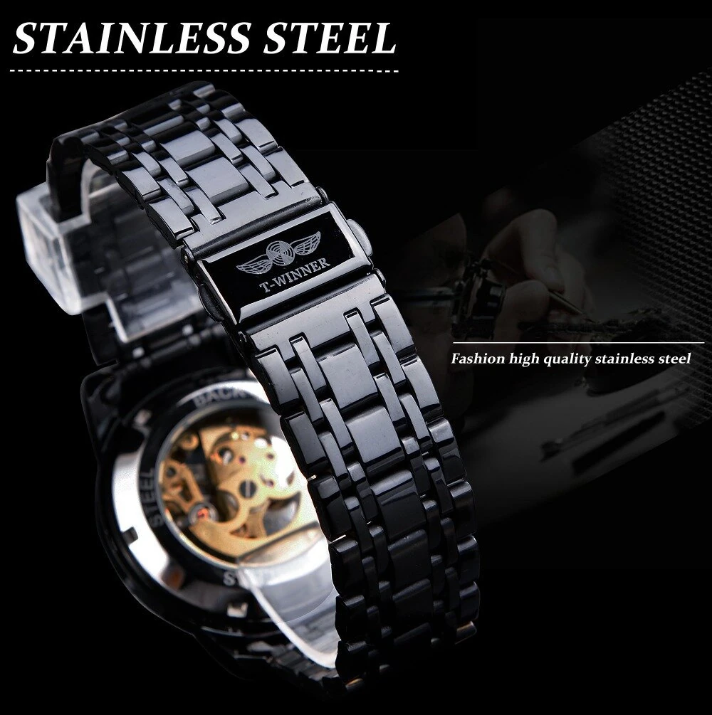 Classic Mechanical Watches Luxury Diamond Dial Black Gold Skeleton Automatic Mens Watch Stainless Steel Strap Wristwatch — view 6