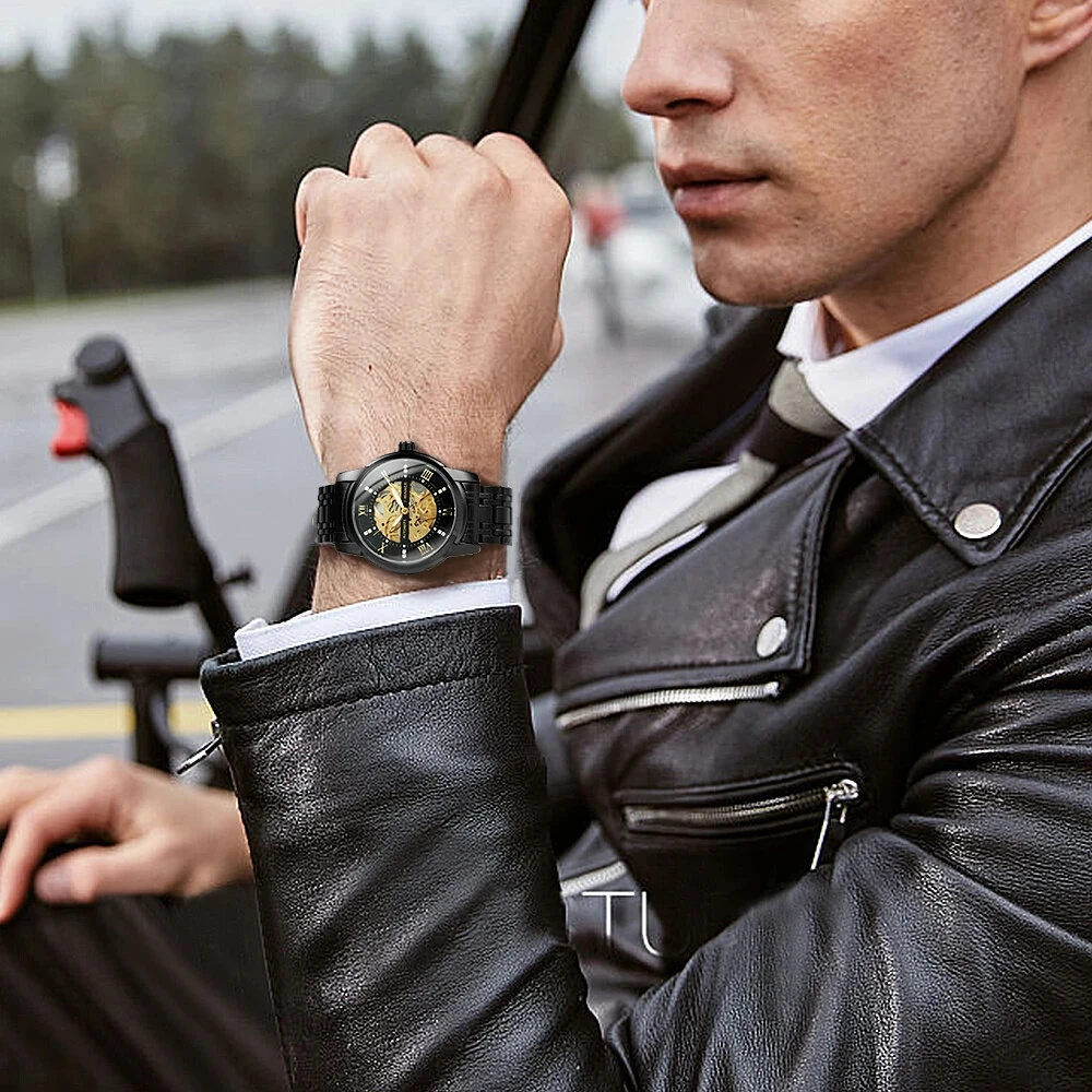 Classic Mechanical Watches Luxury Diamond Dial Black Gold Skeleton Automatic Mens Watch Stainless Steel Strap Wristwatch — view 7