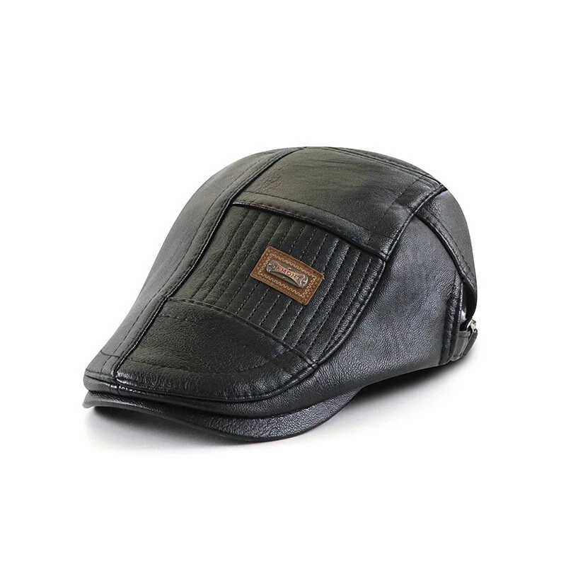 Collrown Beret Mens Adjustable PU Leather Flat Cap Stitch Newsboy Cap Driving Fishing Cabbie Hat Peaked Cap for Autumn Winter — view 10