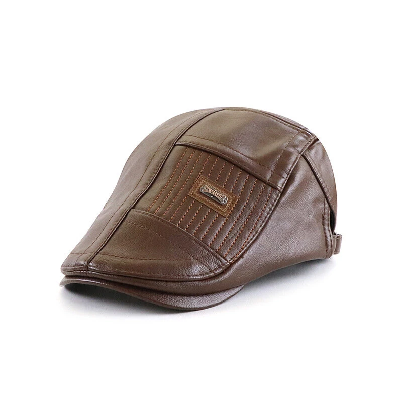 Collrown Beret Mens Adjustable PU Leather Flat Cap Stitch Newsboy Cap Driving Fishing Cabbie Hat Peaked Cap for Autumn Winter — view 2