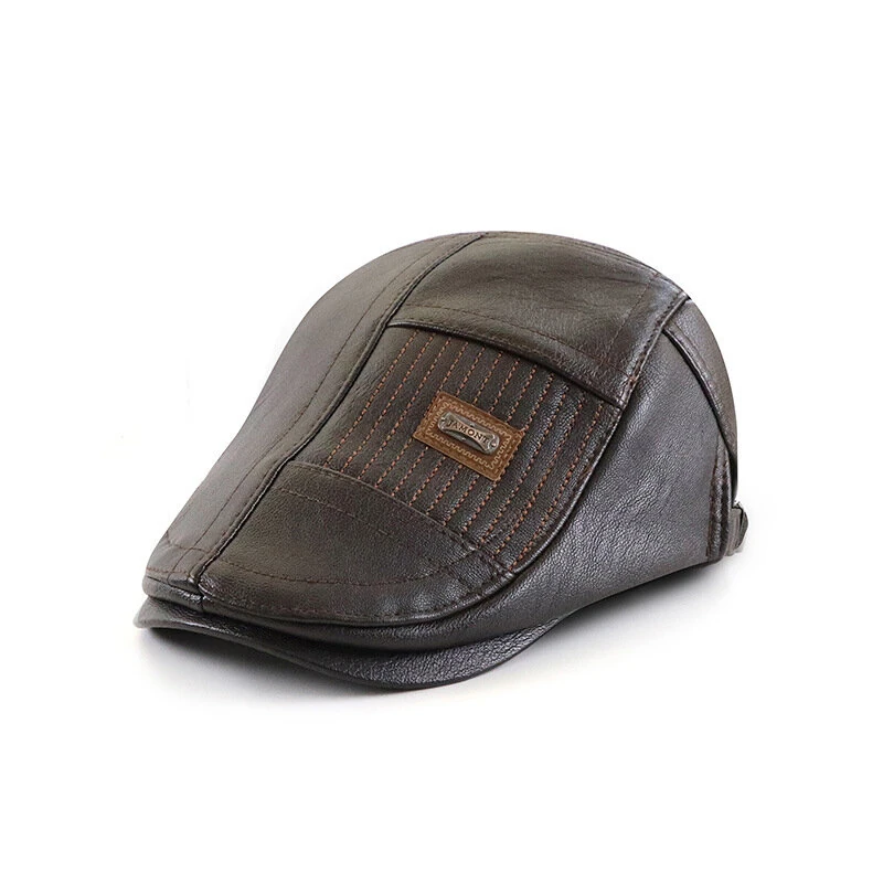 Collrown Beret Mens Adjustable PU Leather Flat Cap Stitch Newsboy Cap Driving Fishing Cabbie Hat Peaked Cap for Autumn Winter — view 3