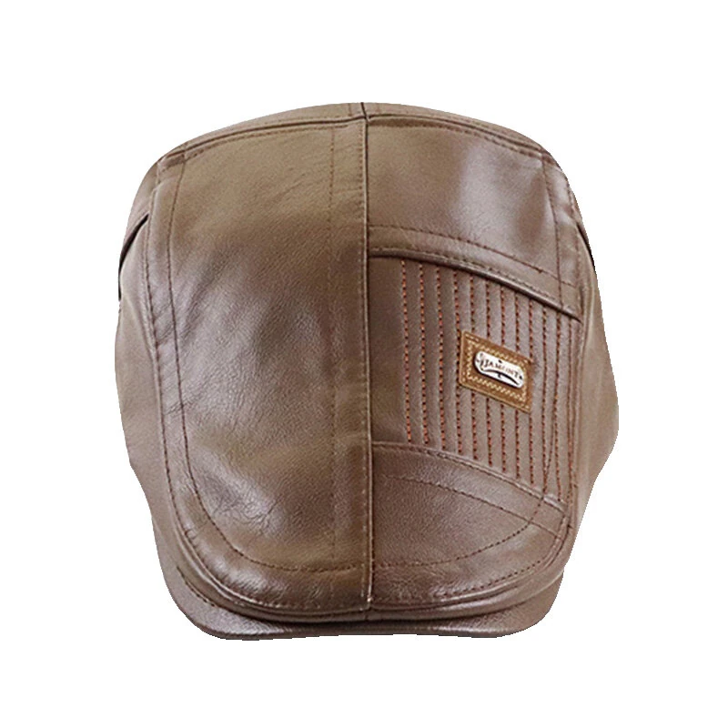 Collrown Beret Mens Adjustable PU Leather Flat Cap Stitch Newsboy Cap Driving Fishing Cabbie Hat Peaked Cap for Autumn Winter — view 5