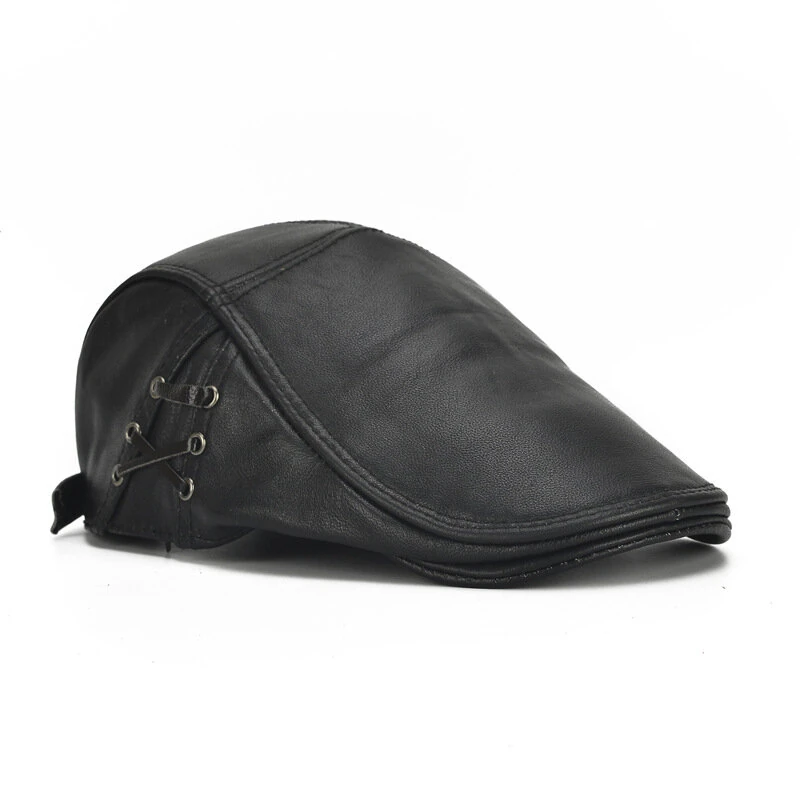 Collrown Berets Mens Flat Caps Genuine Leather Duck Tongue Cap Classic Adjustable Casual Driving Cabbie Hat — view 2