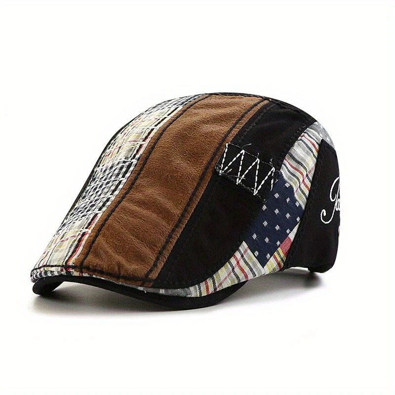 Collrown British Style Men's Beret Cap with Stitching Plaid Pattern Vintage Peaked Cap for Autumn Winter Mens Flat Hat Newsboy Cap — image 1