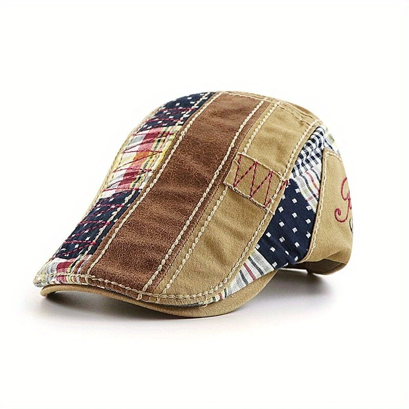 Collrown British Style Men's Beret Cap with Stitching Plaid Pattern Vintage Peaked Cap for Autumn Winter Mens Flat Hat Newsboy Cap — view 2
