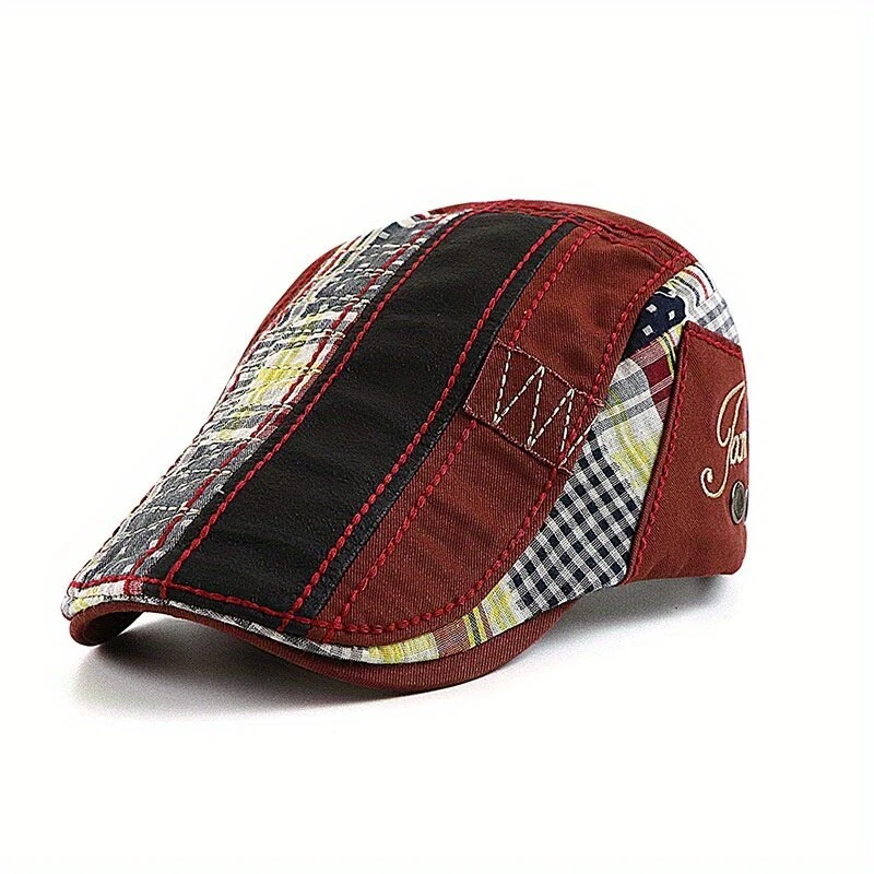 Collrown British Style Men's Beret Cap with Stitching Plaid Pattern Vintage Peaked Cap for Autumn Winter Mens Flat Hat Newsboy Cap — view 3