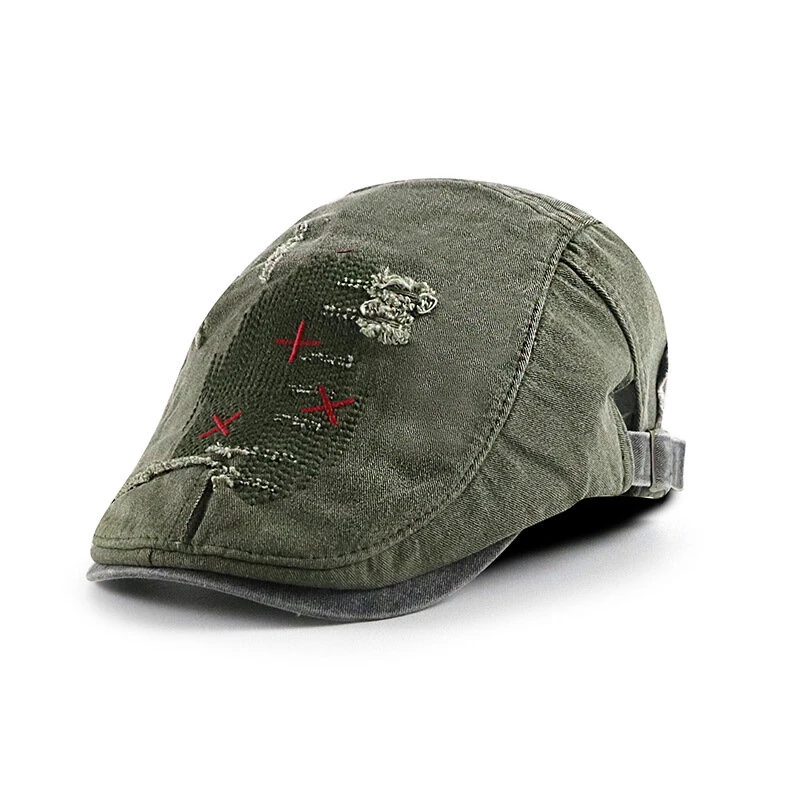 Collrown Denim Beret Hat Vintage Casual Flat Hat for Men Embroidery Patchwork Aged Peaked Cap Outdoor Retro Caps — view 2