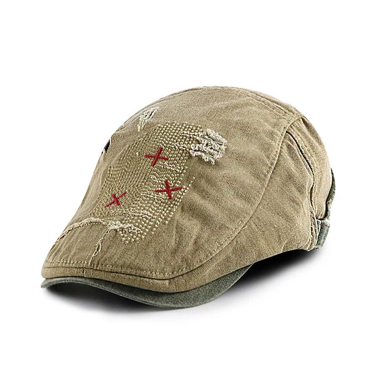 Collrown Denim Beret Hat Vintage Casual Flat Hat for Men Embroidery Patchwork Aged Peaked Cap Outdoor Retro Caps — view 3