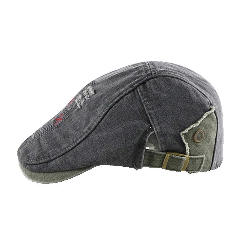 Collrown Denim Beret Hat Vintage Casual Flat Hat for Men Embroidery Patchwork Aged Peaked Cap Outdoor Retro Caps — view 4