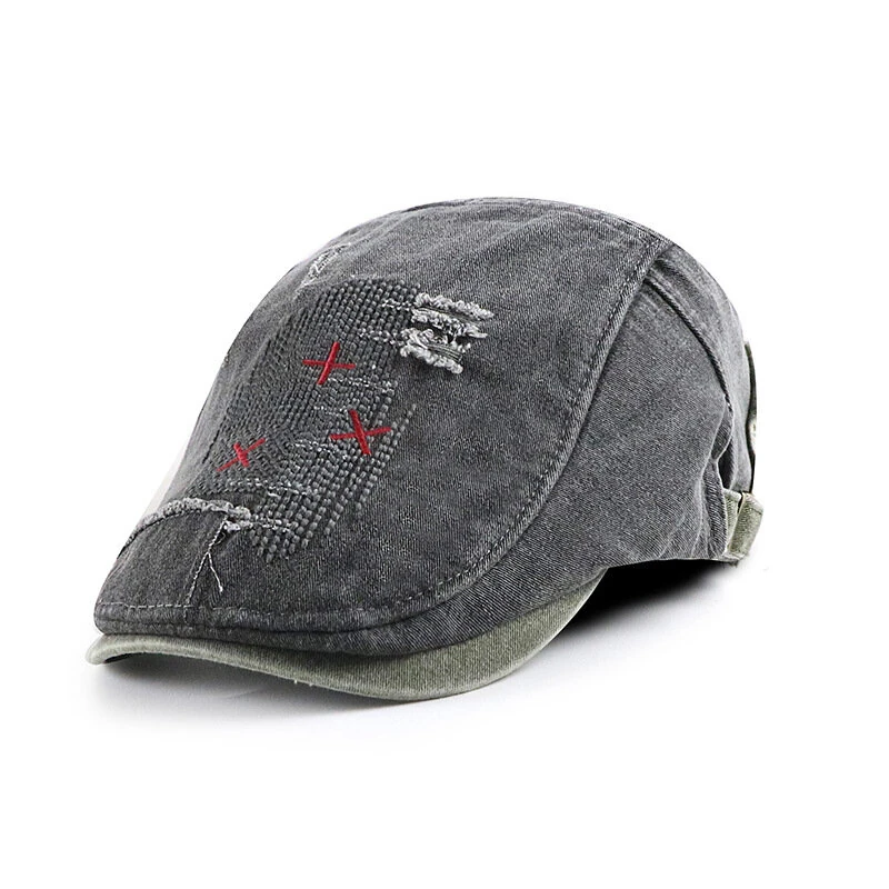 Collrown Denim Beret Hat Vintage Casual Flat Hat for Men Embroidery Patchwork Aged Peaked Cap Outdoor Retro Caps — view 7