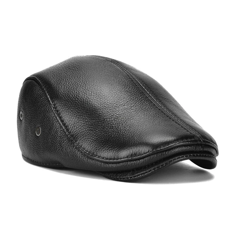 Collrown Men's Outdoor Leather Berets Forward Cap for Autumn Winter Casual Flat Peaked Hat — view 2