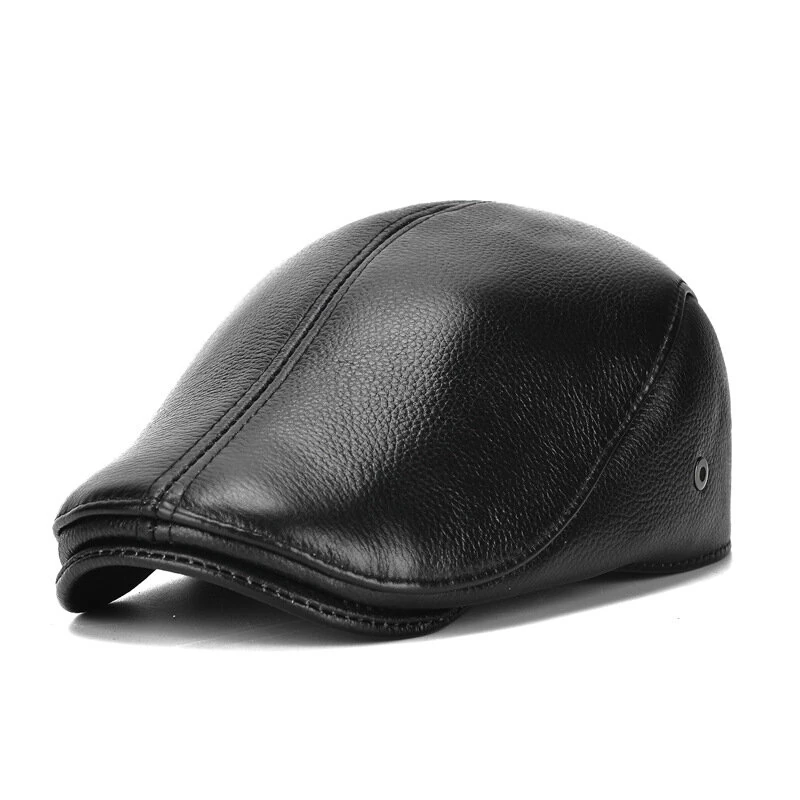 Collrown Men's Outdoor Leather Berets Forward Cap for Autumn Winter Casual Flat Peaked Hat — view 7