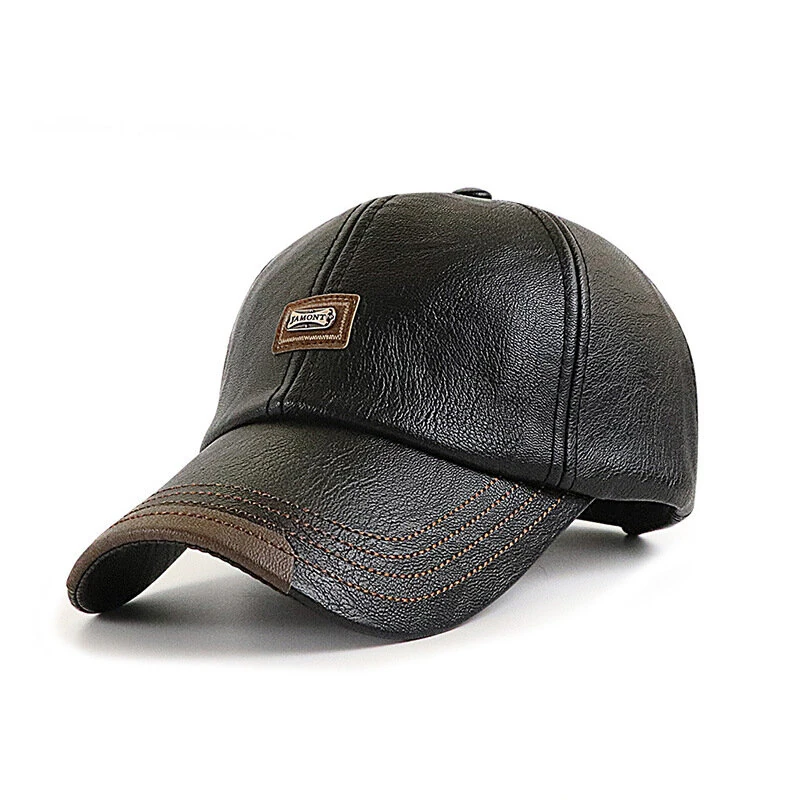 Collrown Men's Outdoor PU Leather Baseball Cap Casual Sun Hat Adjustable Sport Casual Visor Hat for Autumn Winter — view 3