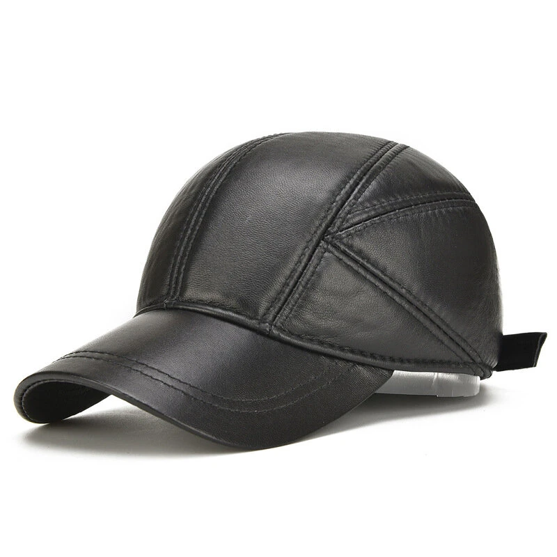 Collrown Mens Genuine Leather Baseball Cap with Hidden Earmuff for Fall Winter Outdoor Casual Warm Cow Leather Hat — view 2