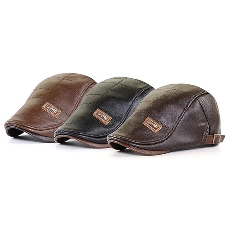 Collrown Vintage Berets Mens PU Leather Beret Hats Autumn Winter Adjustable Hats Men's Visor Warm Flat Peaked Cap Cabbie Hunting Thicken Hat — view 2