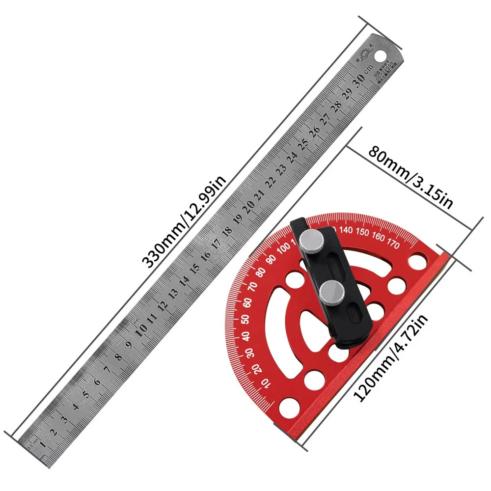 Combination Semi Circular Angle Finder 0 180 Degree Protractor with Detachable 330mm Ruler Precision Woodworking Measurement Tool — view 3