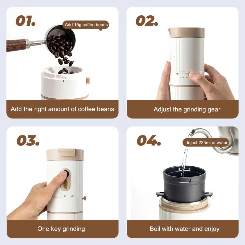 Comfook 15W 2-in1 Portable Coffee Grinder & Travel Mug 400ml Insulated Cup Built-in Pour Over Filter Rechargeable Coffee Maker for Travel & Office — view 4