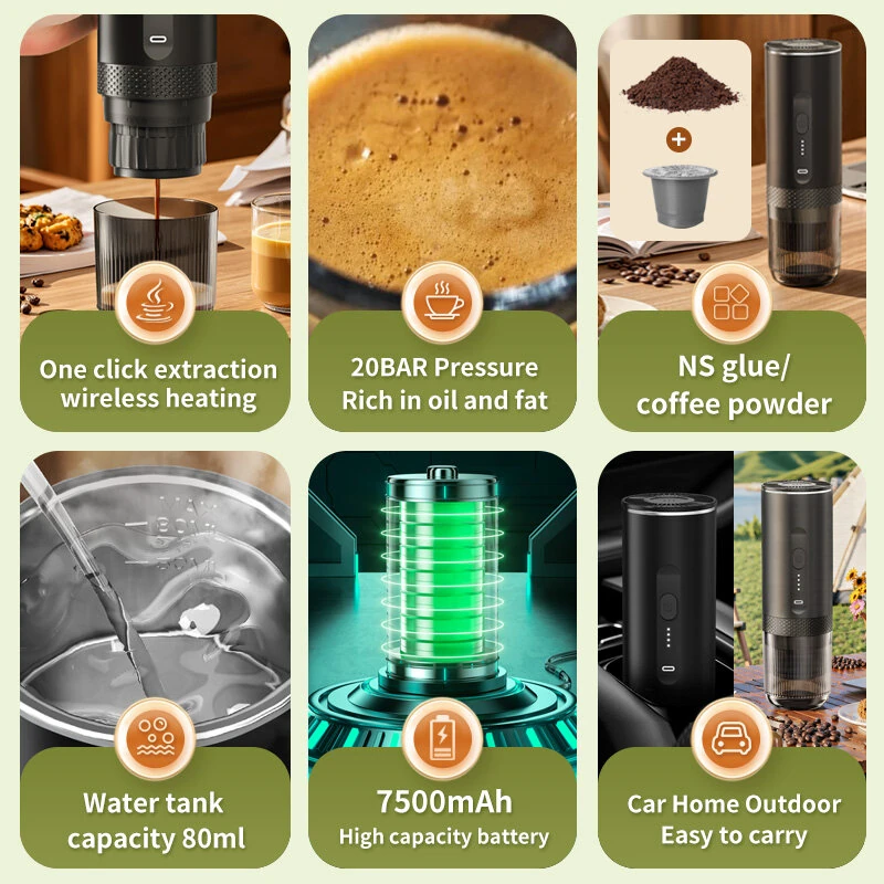 Comfook 2-in-1 Portable Electric Espresso Coffee Machine 20Bar With 80ml Water Tank 4 Minutes Cordless Fast Heating 7500mAh Rechargeable Coffee Maker for Home Travel — view 4