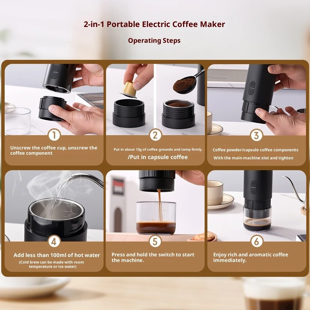 Comfook 2-in-1 Portable Espresso Machine Compatible Ground Coffee & NS Capsules Rechargeable Electric Coffee Maker for Camping Office Home Use — view 6