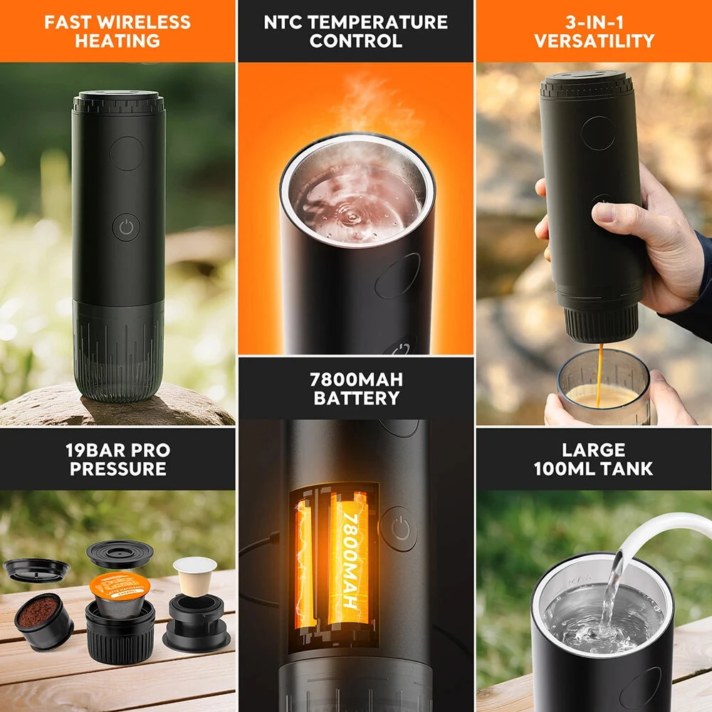 Comfook 2-in-1 Portable Espresso Maker with Cordless Heating 19Bar 85°C Brew 7800mAh Battery Compatible With Ground Coffee NS Capsules for Travel Use — view 6