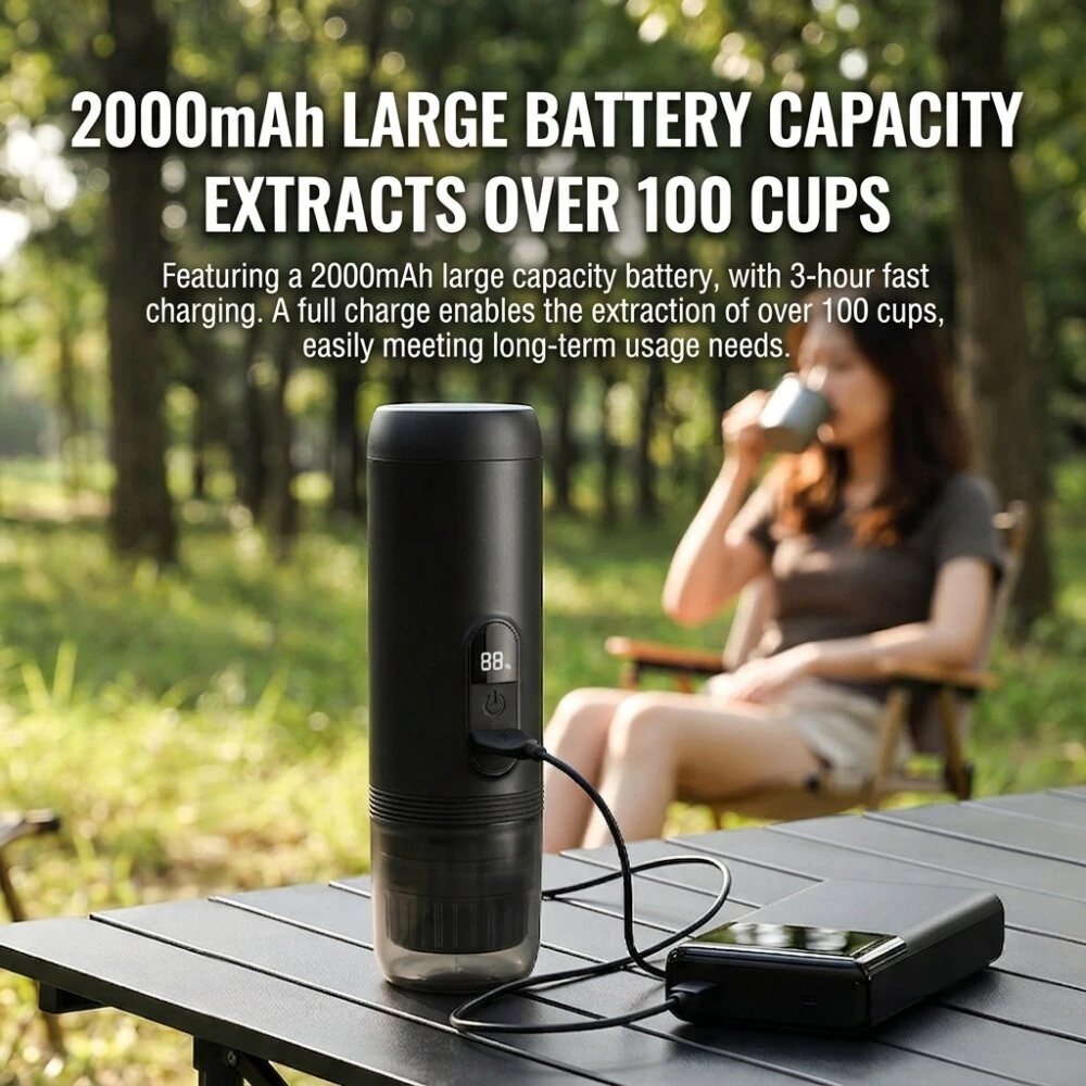 Comfook DK821 15W 2-in-1 Rechargeable Portable Espresso Machine With 100ml Water Tank 2000mAh Battery IPX5 Waterproof LED Display for Home Office Camp — view 5