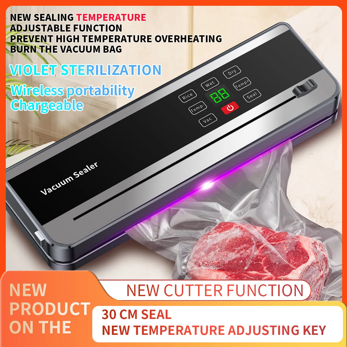 Comfook USB Rechargeable Portable Automatic Vacuum Sealer Purple Light Sterilization with LED Display Touch Screen & 100 Vacuum Bags for Home Use — view 2