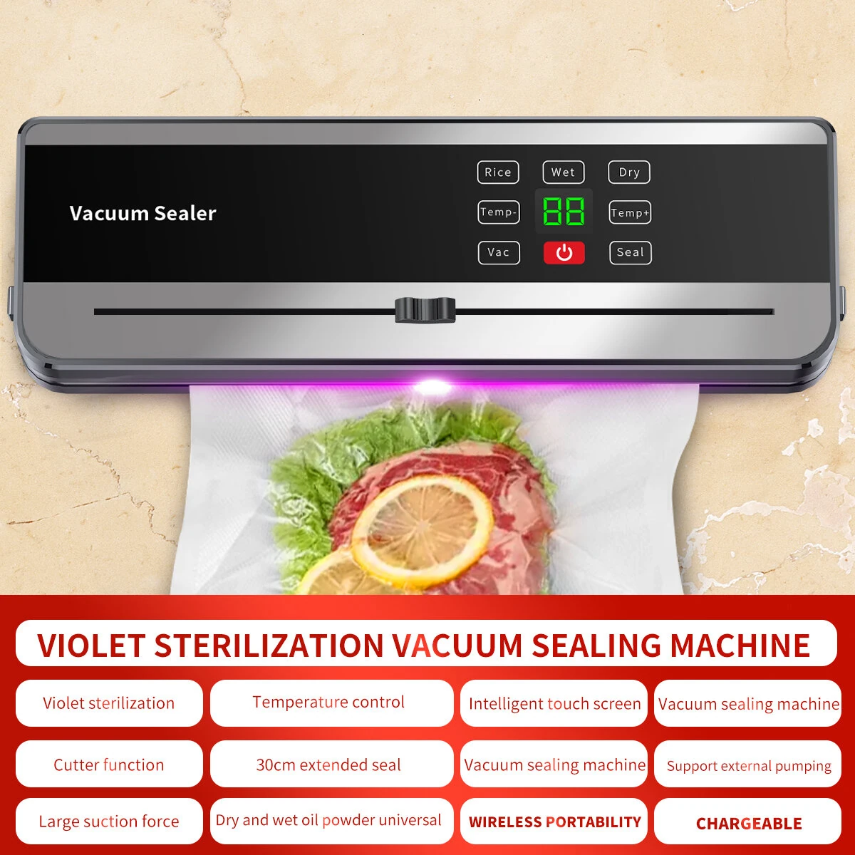 Comfook USB Rechargeable Portable Automatic Vacuum Sealer Purple Light Sterilization with LED Display Touch Screen & 100 Vacuum Bags for Home Use — view 3