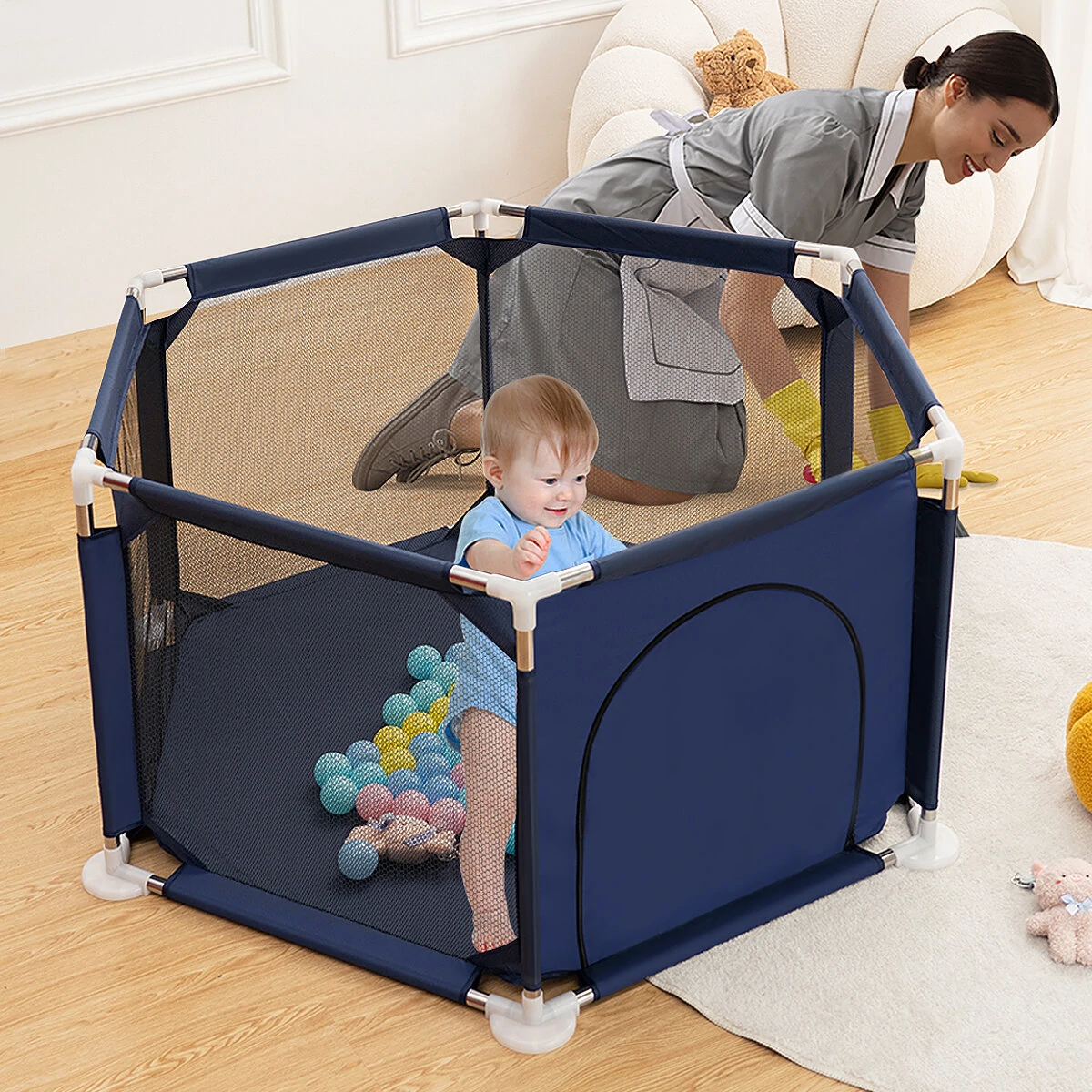 Comomy 6 Sided Baby Playpen for Babies Baby Playard Infants Toddler 6 Panels Safety Folding Indoor Outdoor Kids Play Pens Baby Fence Game Toy Pool Tent — view 3