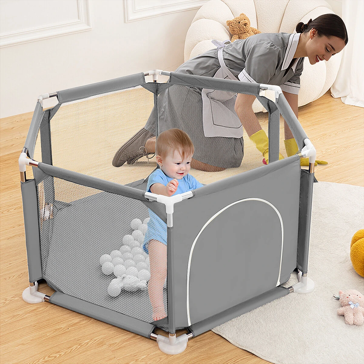 Comomy 6 Sided Baby Playpen for Babies Baby Playard Infants Toddler 6 Panels Safety Folding Indoor Outdoor Kids Play Pens Baby Fence Game Toy Pool Tent — view 5