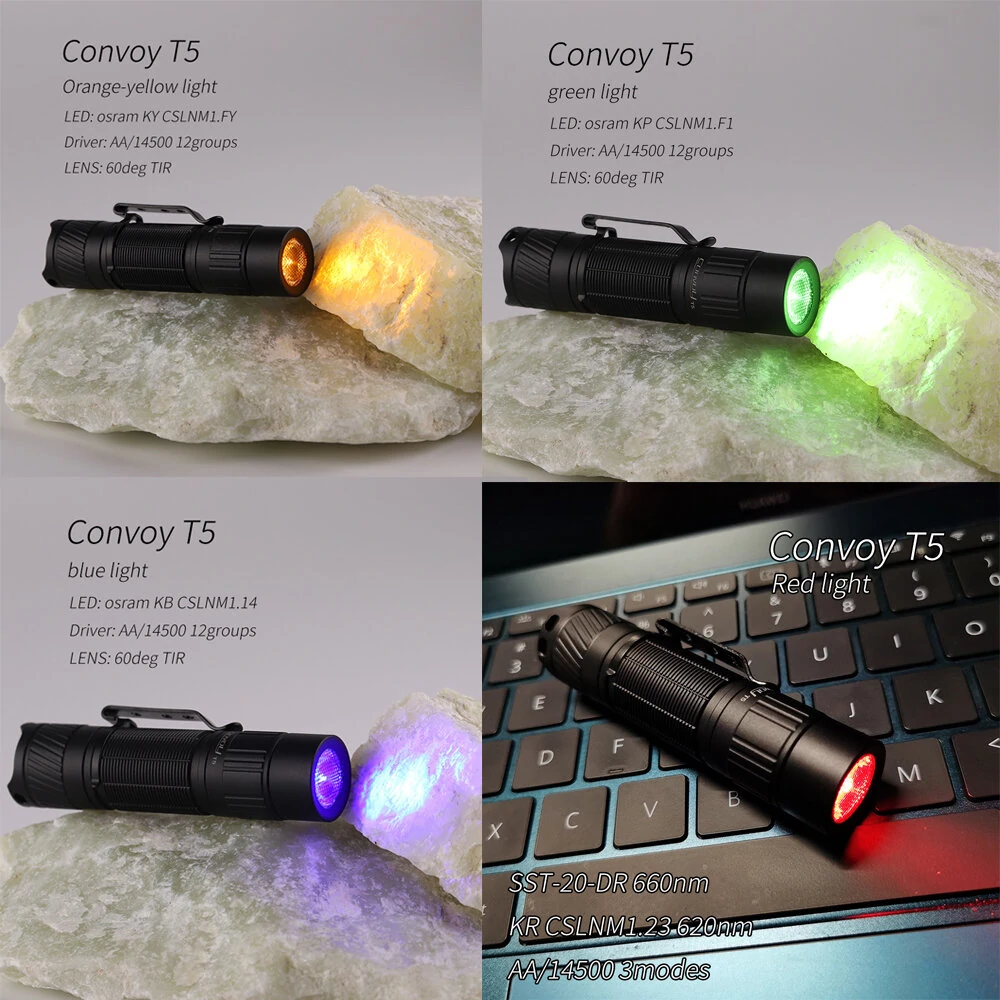 Convoy T5 LED Blue Green Orang Yellow Red Light Flashlight AA/14500 Mini LED Torch Flash Light 12Groups Fishing Camping Linterna Work Lamp — view 5