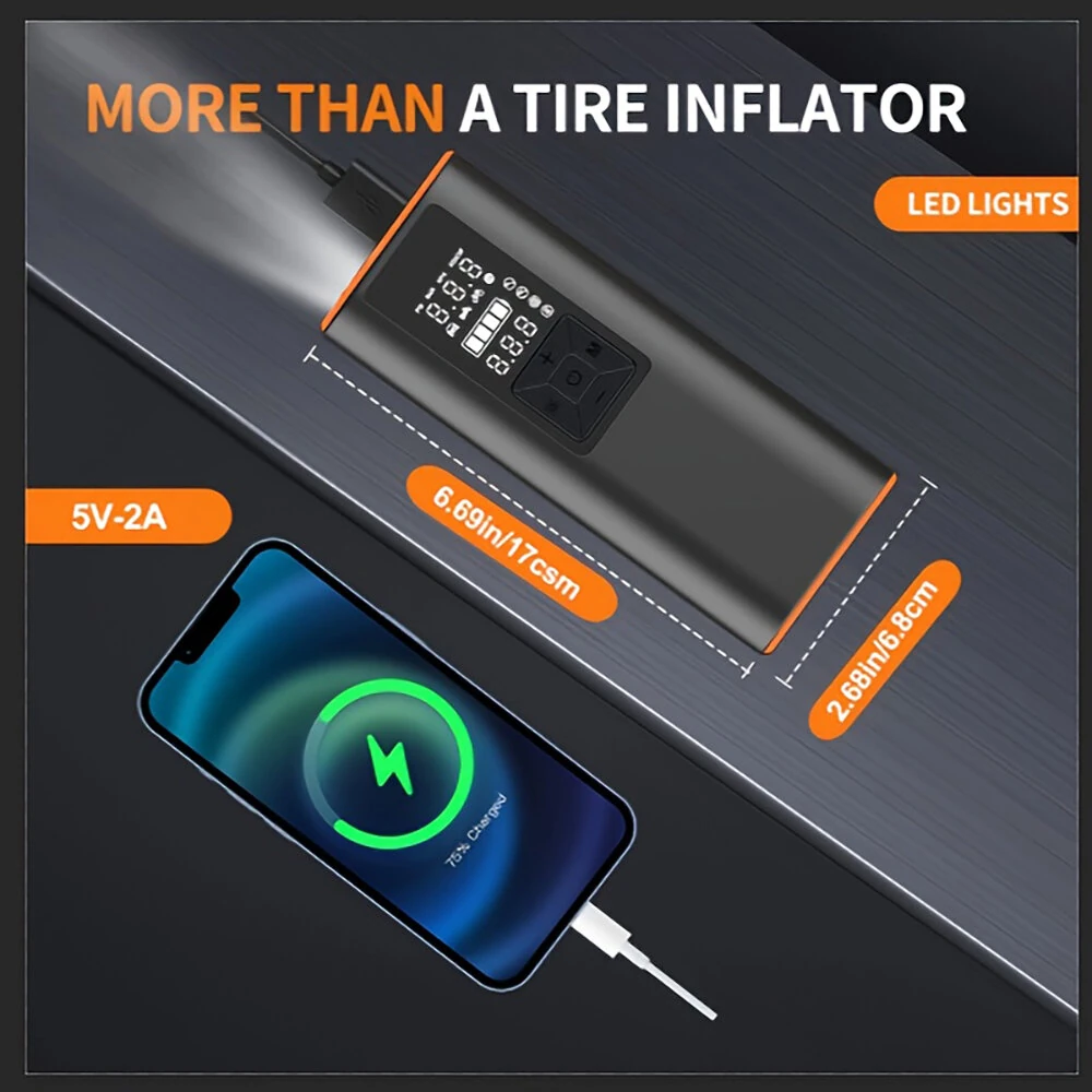 Cordless Smart Car Tire Inflator Dual Screen Display with LED Light Accurate Pressure Measurement Portable Multi-function Car Air Pump — view 7