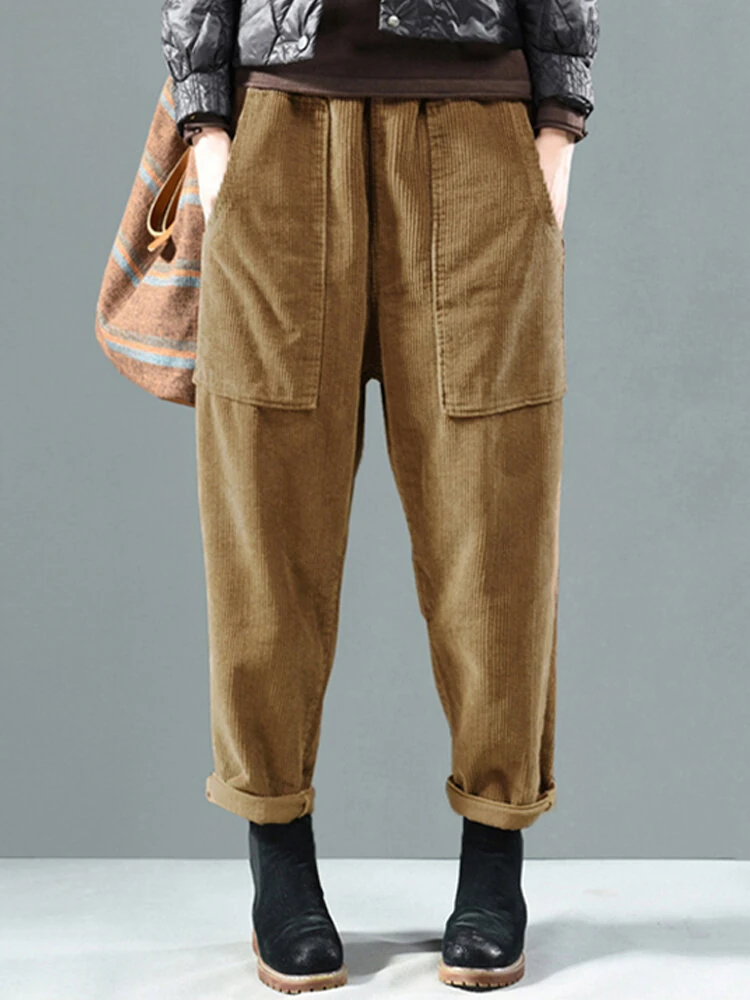 Corduroy Elastic Waist Solid Color Harem Pants