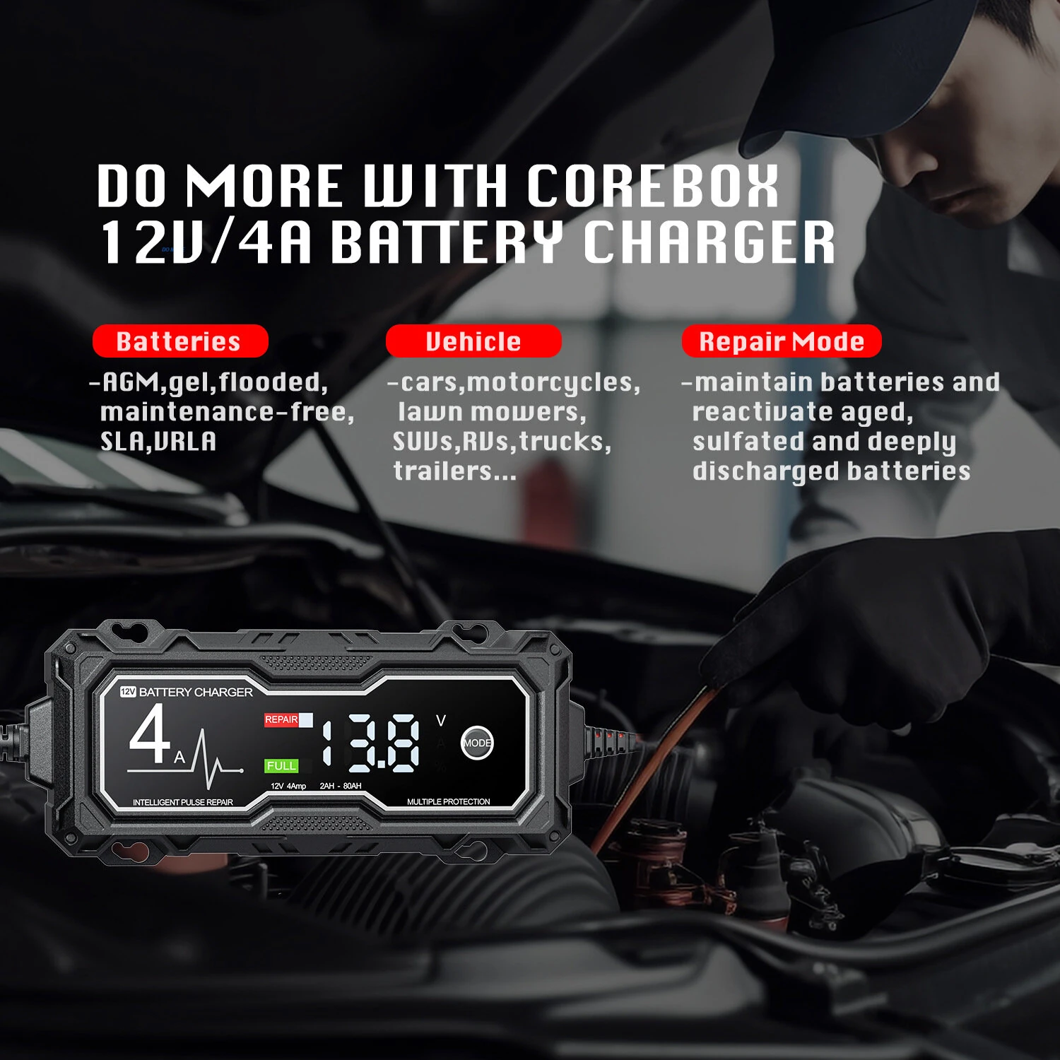 Corebox 12V 4A Intelligent Repair Charger Start-Stop Motorcycle Protector Battery Charger for Lead-acid Battery — view 4